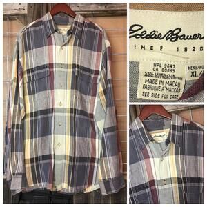 Eddie Bauer Men's Size XL Shirt Long Sleeve Plaid Linen Blend